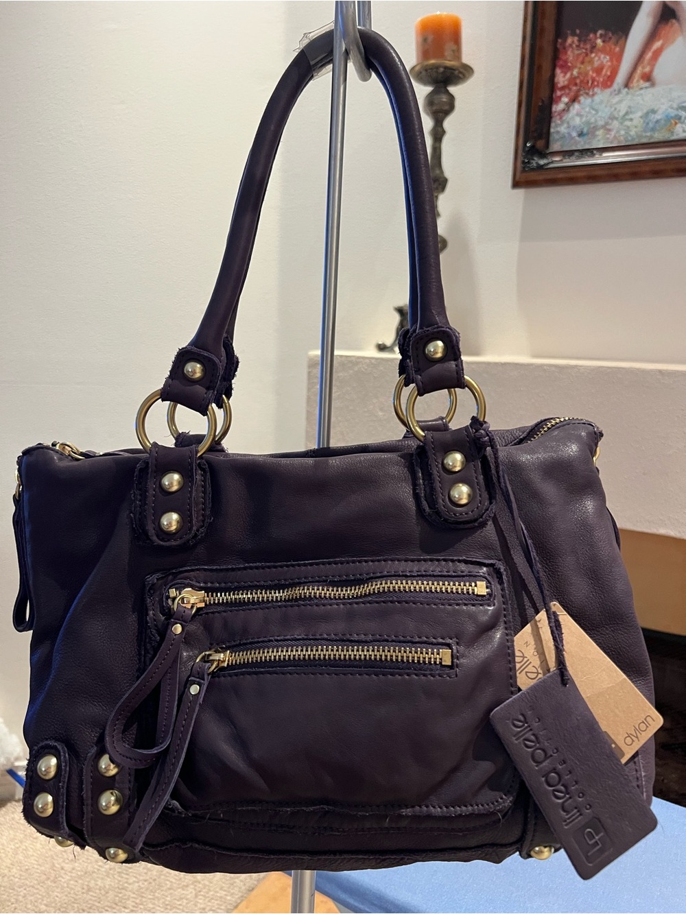 Dark Purple Leather Shoulder Bag with Gold Hardware - Unknown Brand